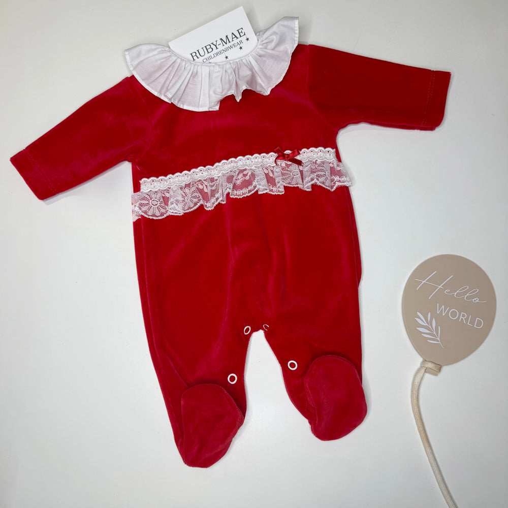Red With White Frill Velour Babygrow - Polly