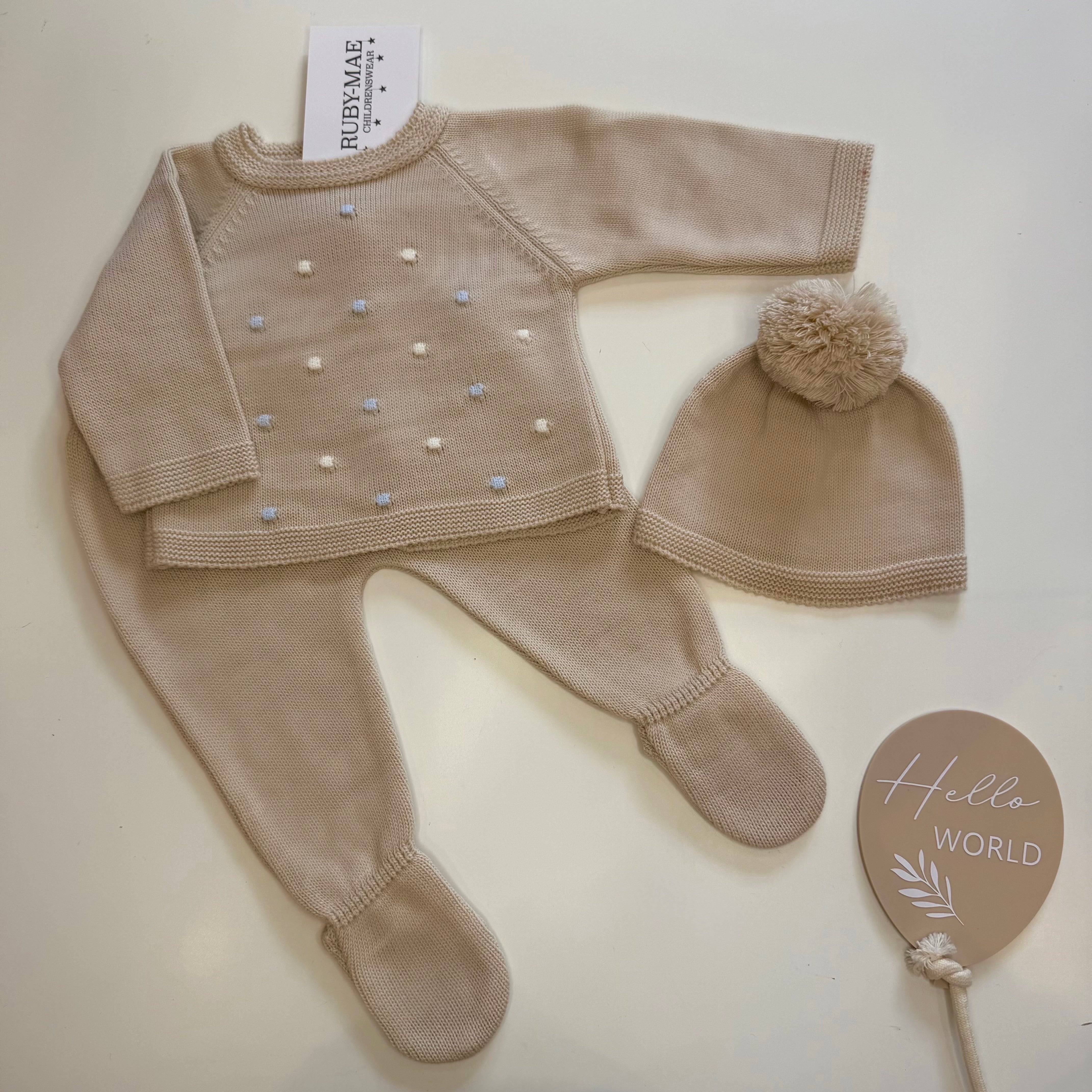 Camel With Blue Spotted Knitted Jumper And Pants Outfit With Matching Hat - Rupert