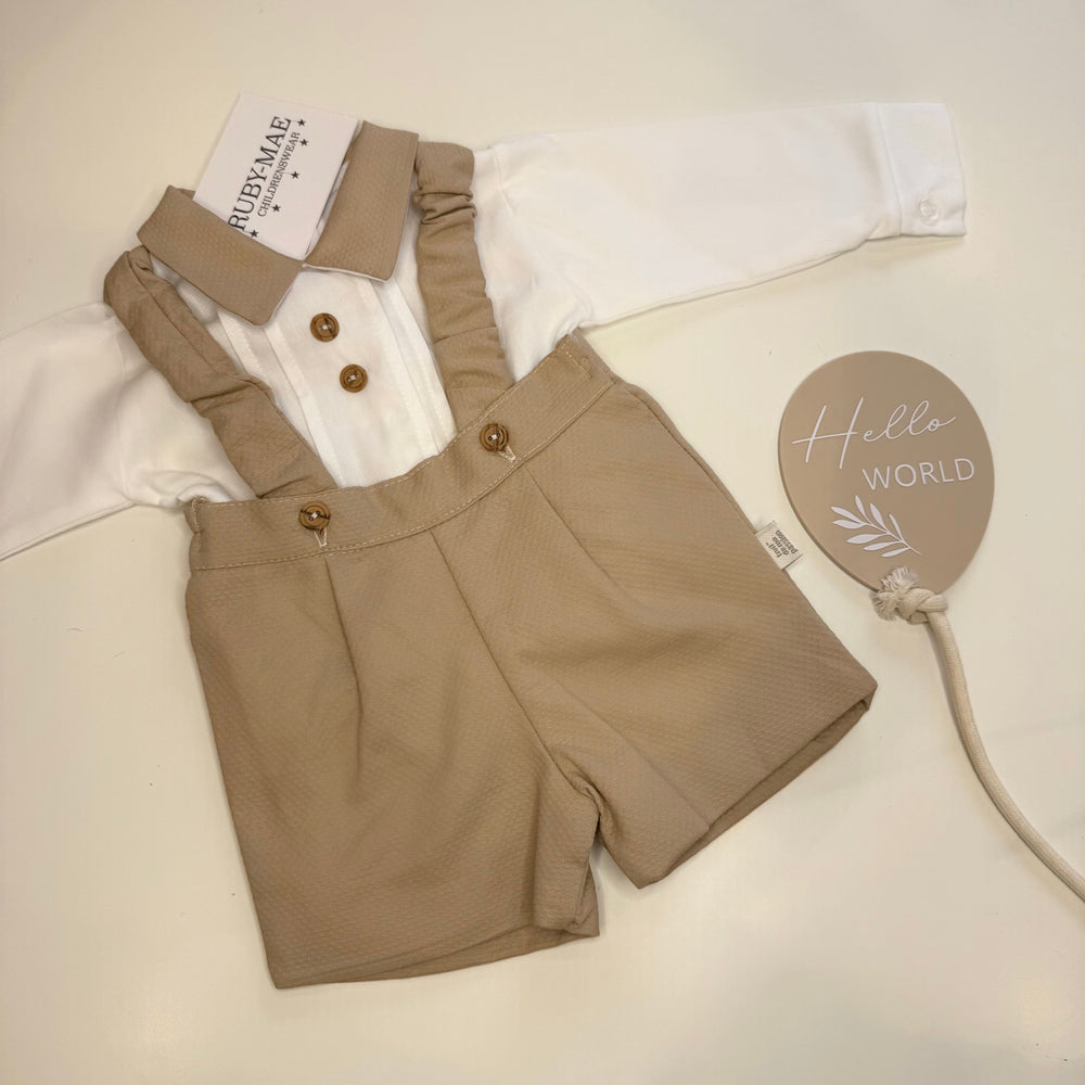 Camel Dungaree Shorts & Matching Long Sleeve White Shirt - Eddy