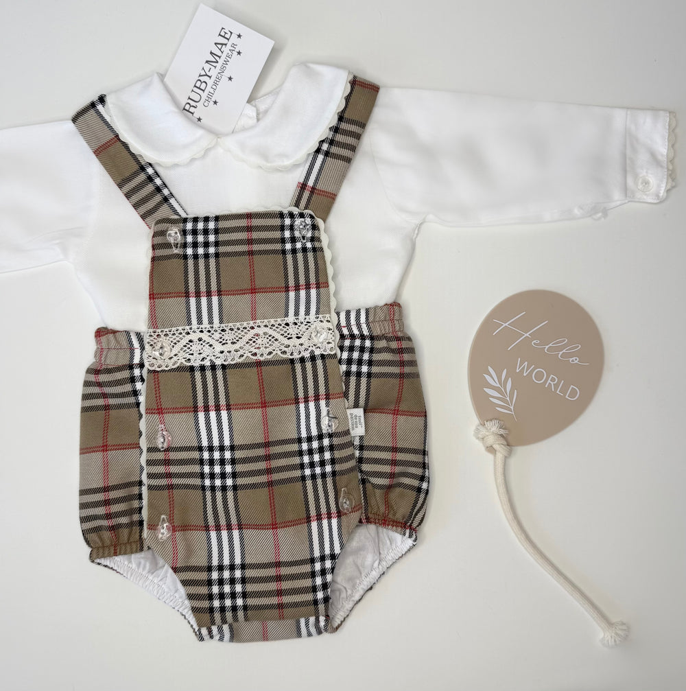 Beige Tartan Romper With Matching Blouse - Evie