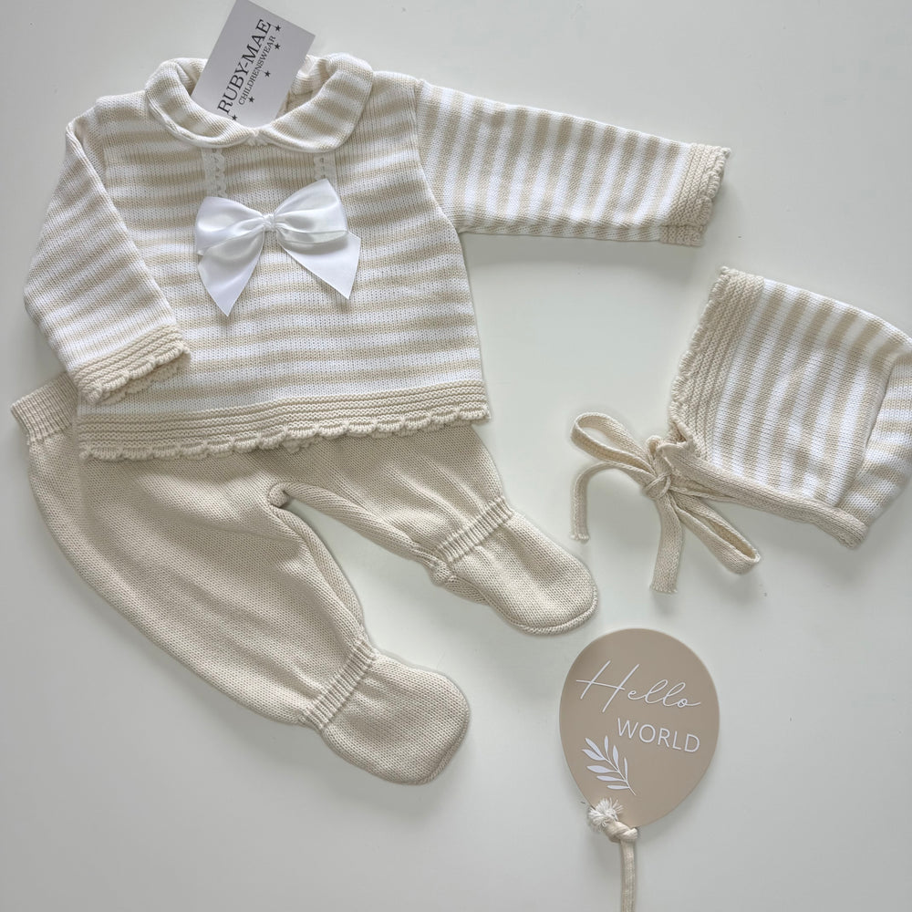 Beige & White Stripe Bow Knit Jumper & Pants Outfit With Matching Hat - Camila