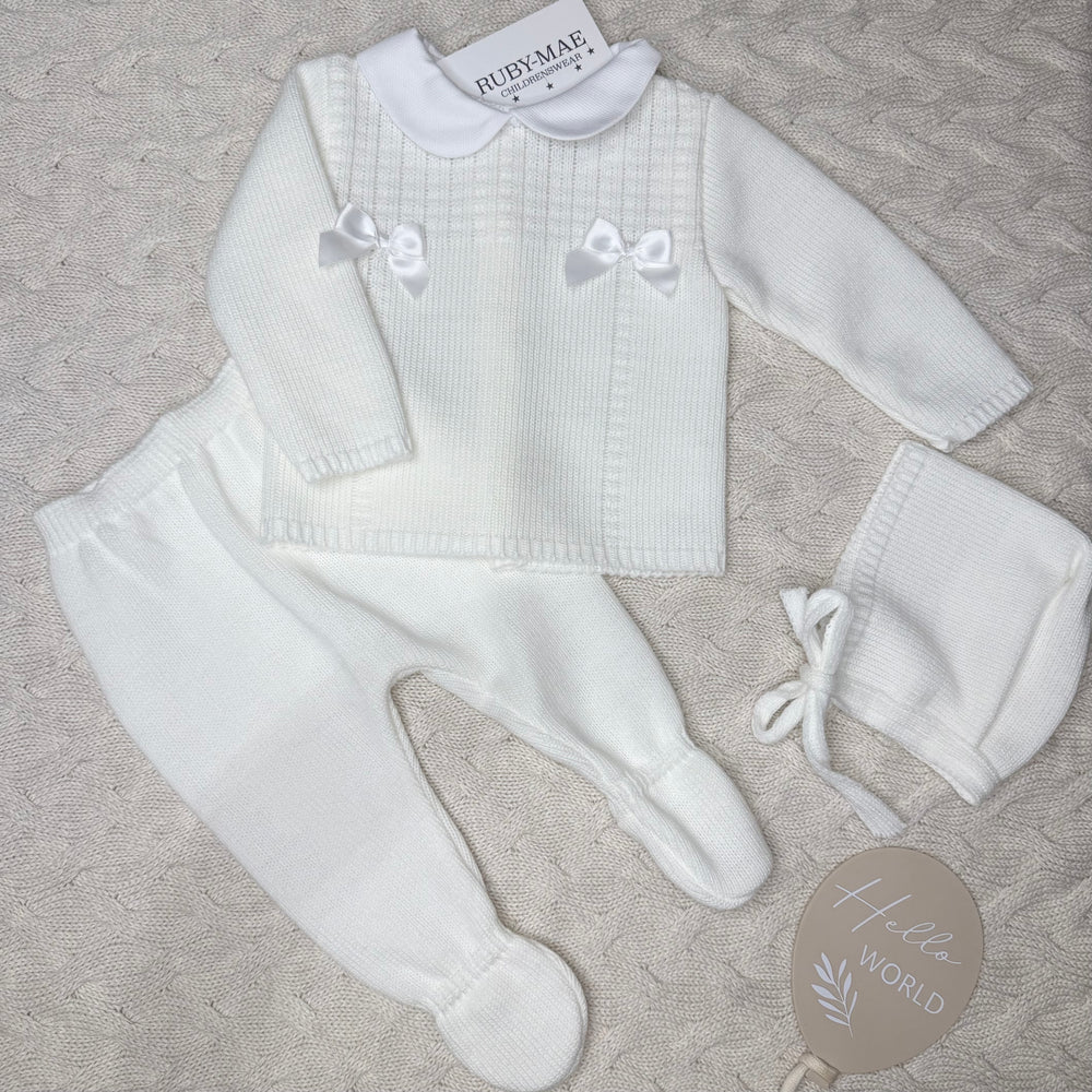 White Knitted Double Bow Jumper & Pants Outfit With Matching Hat - Alani