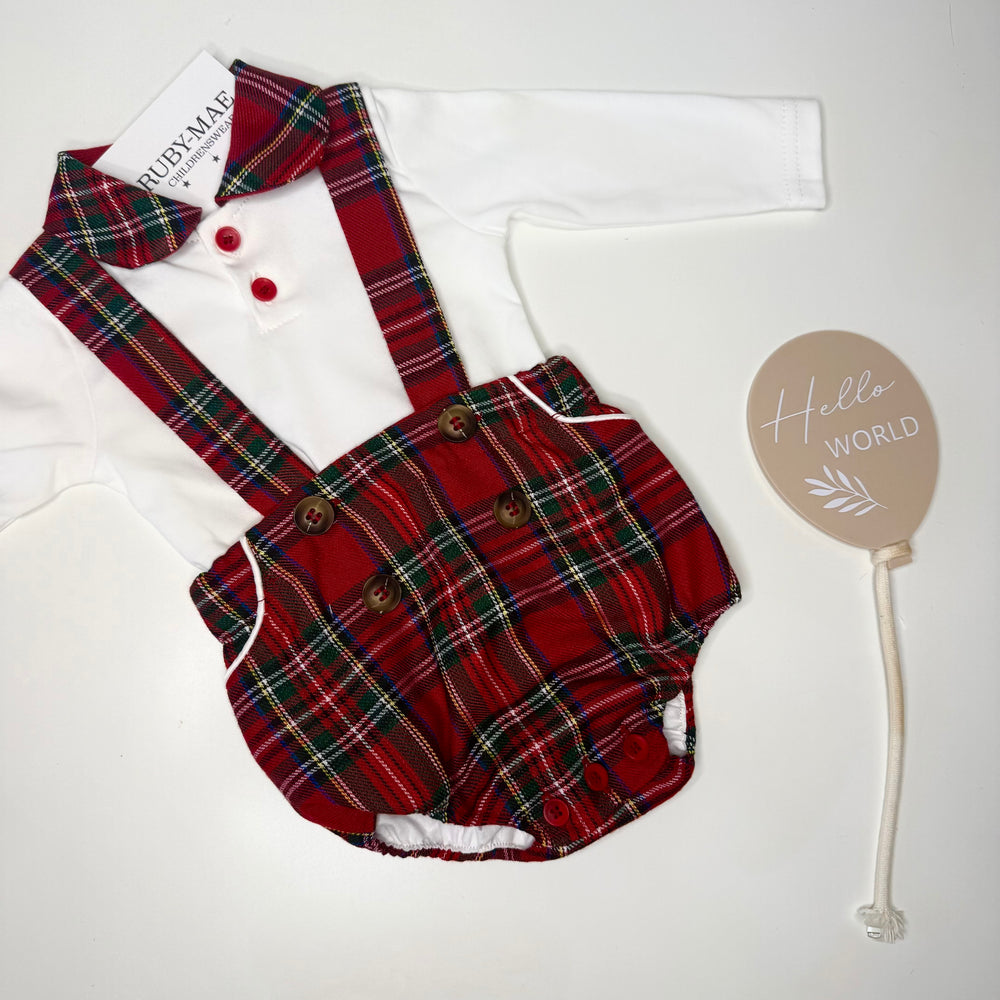 Red Tartan Dungaree Shorts With Matching White Shirt Outfit - Theo