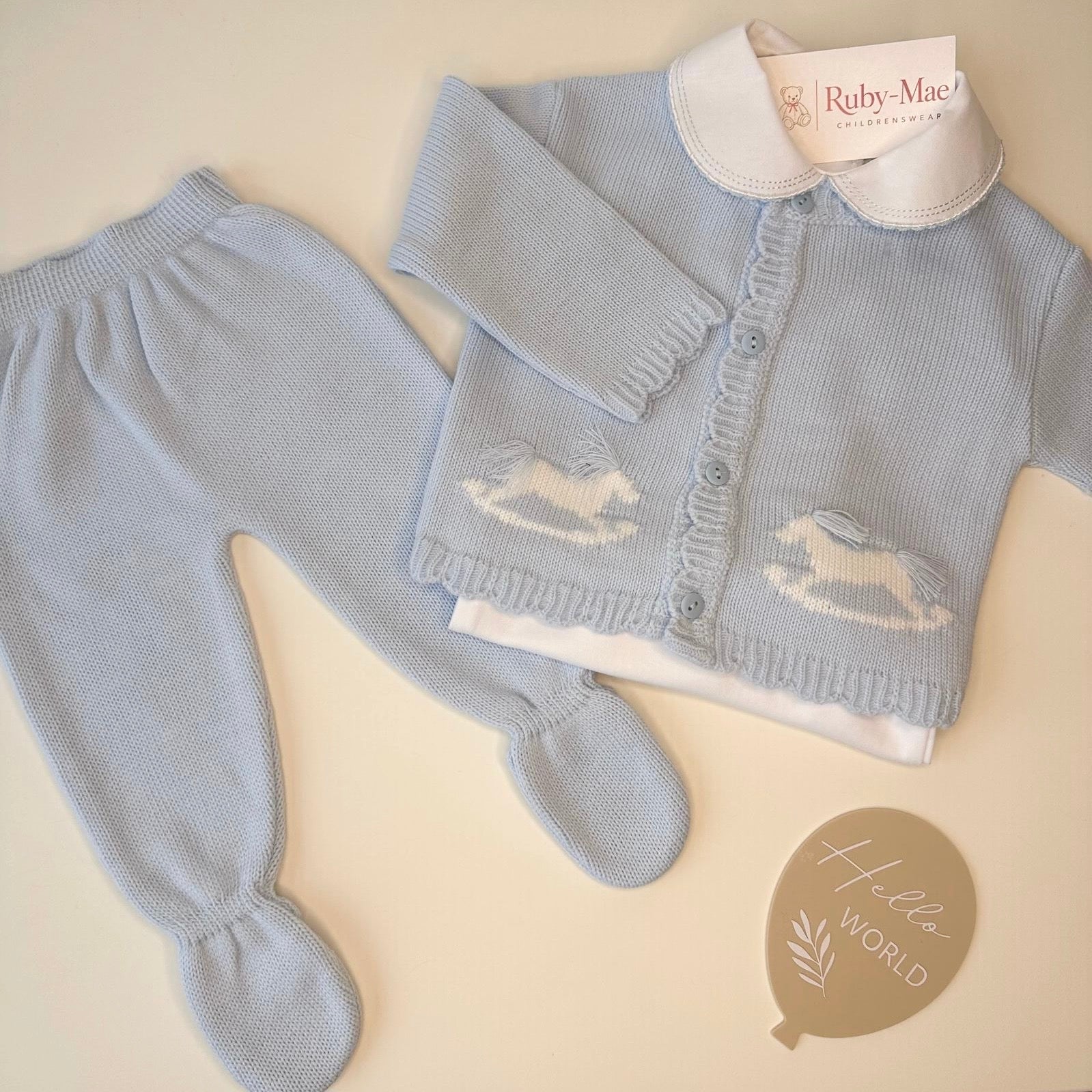 
                  
                    Baby Blue Rocking Horse Knitted 3 Piece Outfit Set - Robbie
                  
                