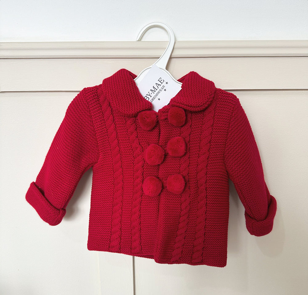 UNISEX Red Knitted Pom Pom Cardigan Coat & Matching Hat