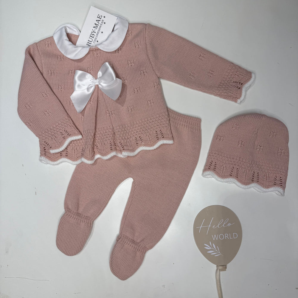 Dusky Pink With White Knitted Bow Jumper & Pants Outfit With Matching Hat - Hattie