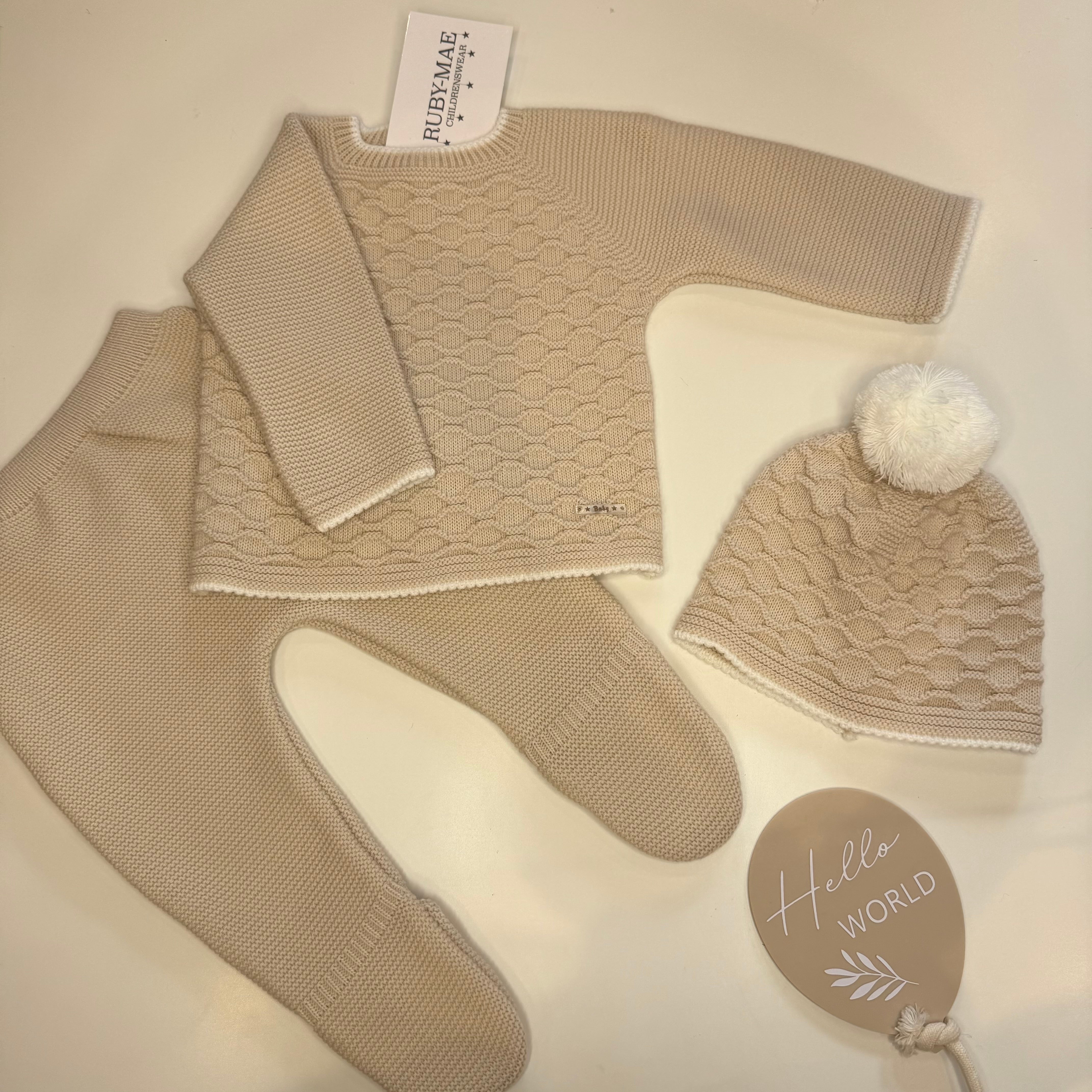 Camel Diamond Knitted Jumper And Pants Outfit With Matching Hat - UNISEX