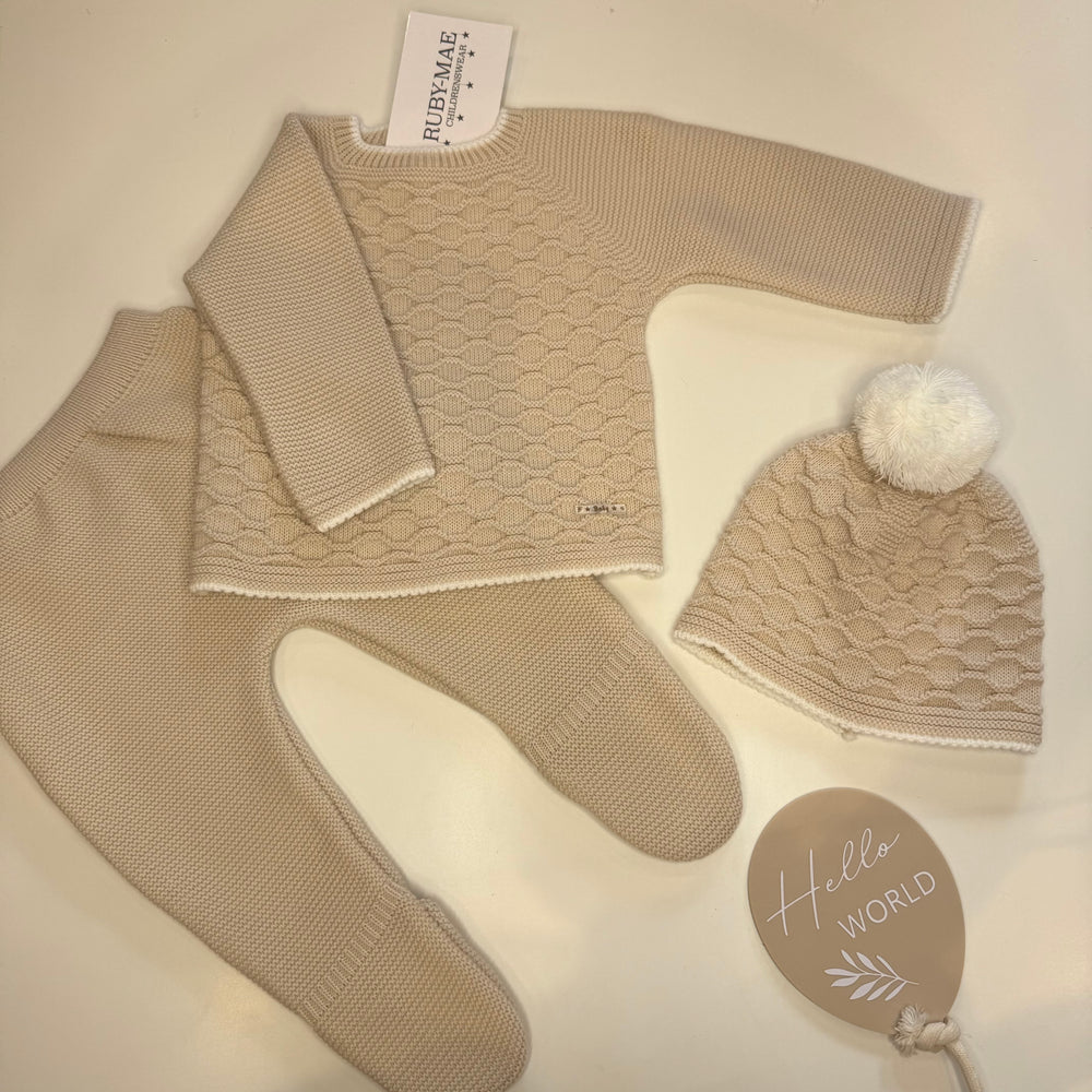 Camel Diamond Knitted Jumper And Pants Outfit With Matching Hat - UNISEX