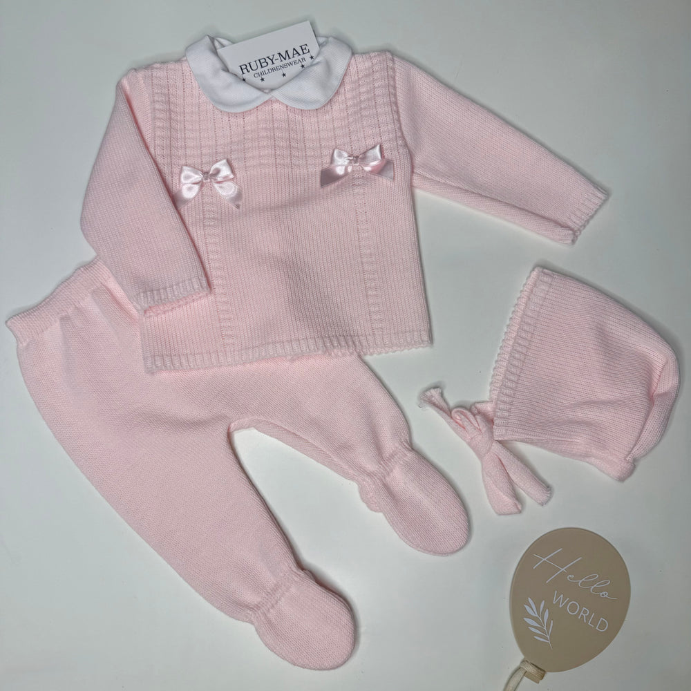 Pink Knitted Double Bow Jumper & Pants Outfit With Matching Hat - Alani