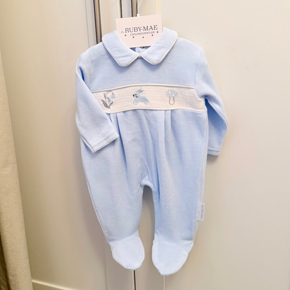 Blue Velour Smock Babygrow - Freddie