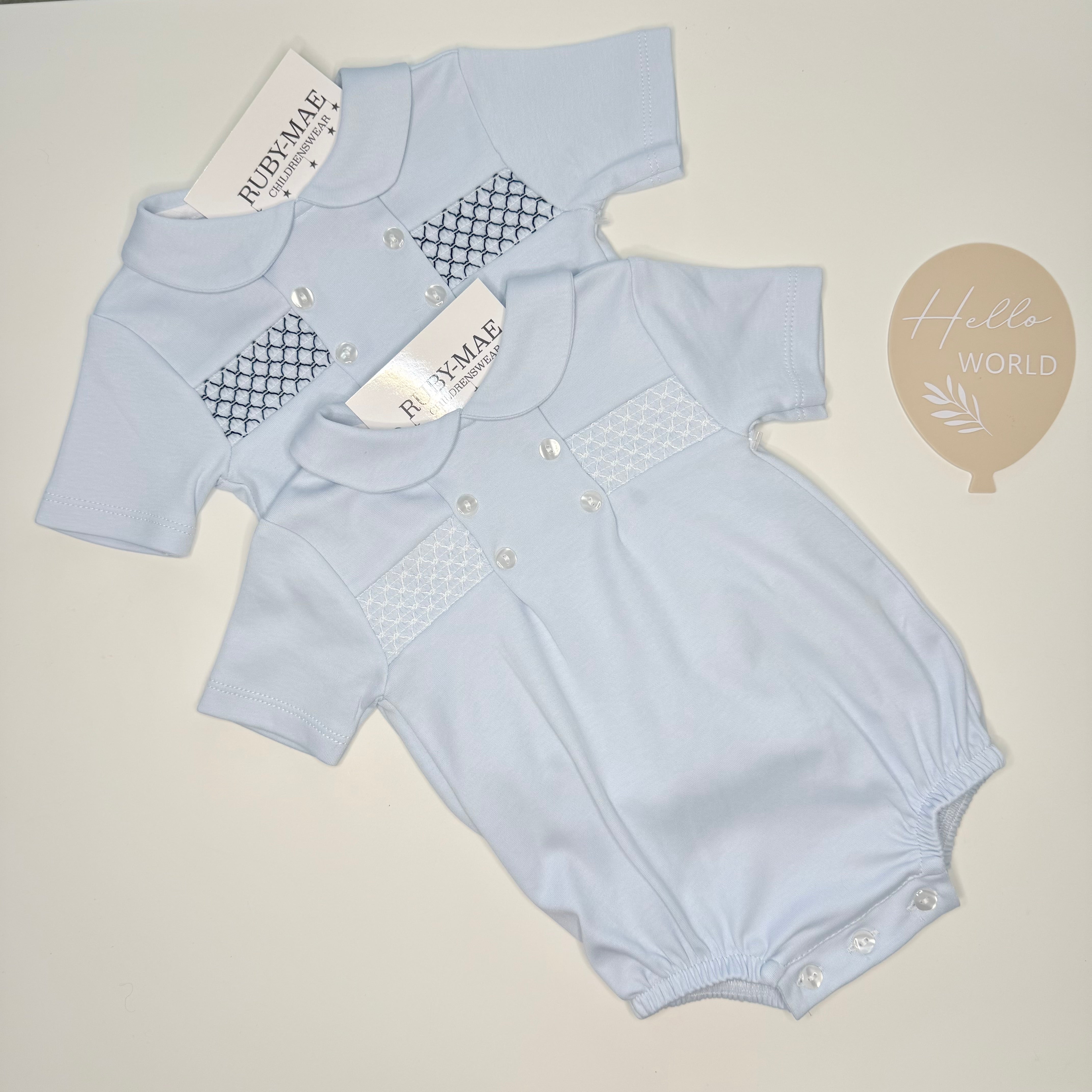 
                  
                    Blue With White Smock Romper - George
                  
                