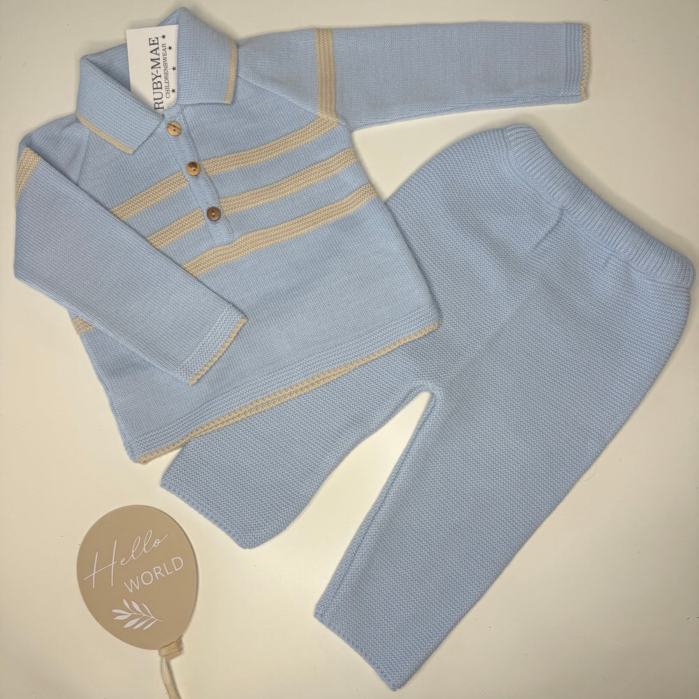 Blue & Camel Stripe Knitted Jumper And Pants Outfit - Bailey