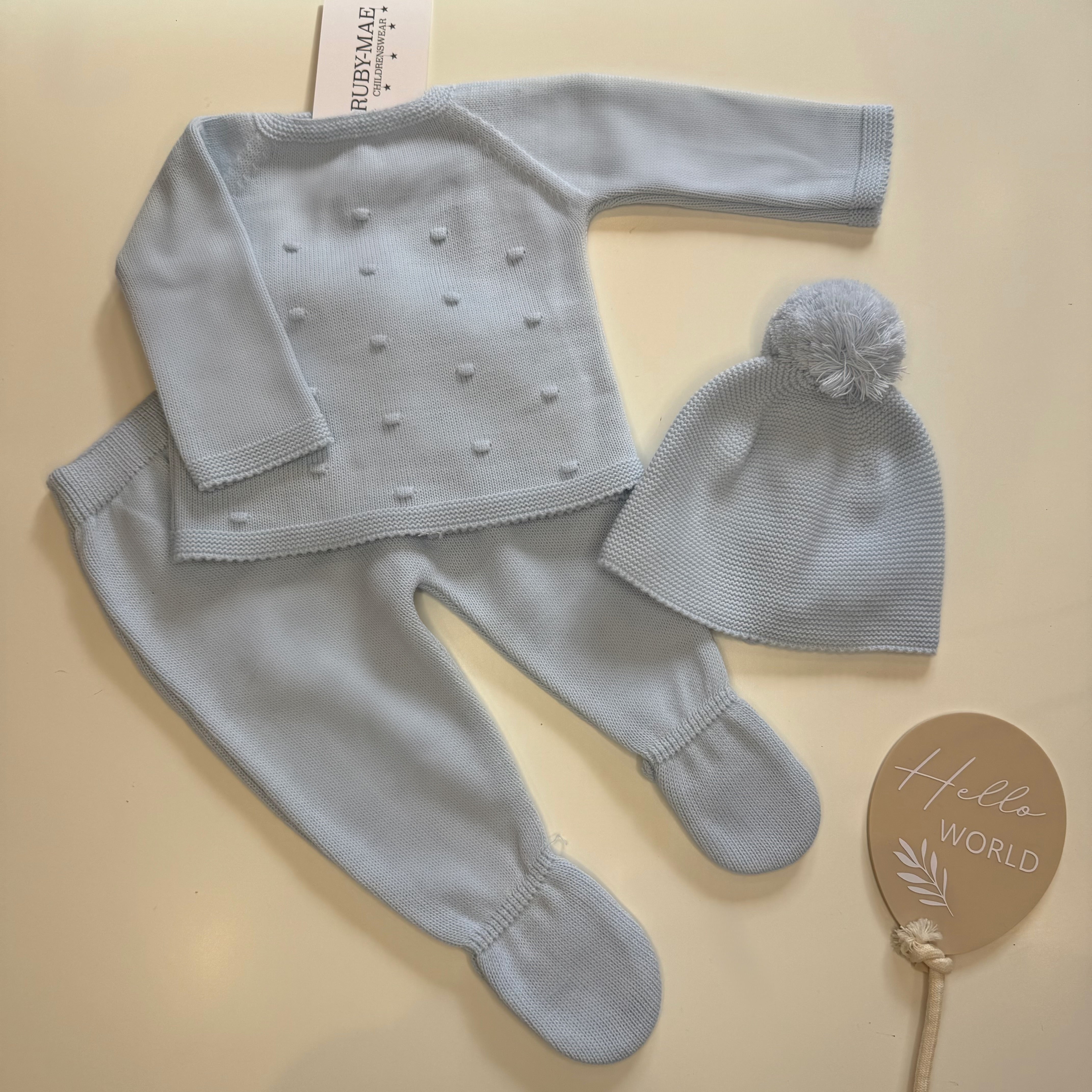Blue Spotted Knitted Jumper And Pants Outfit With Matching Hat - Rupert