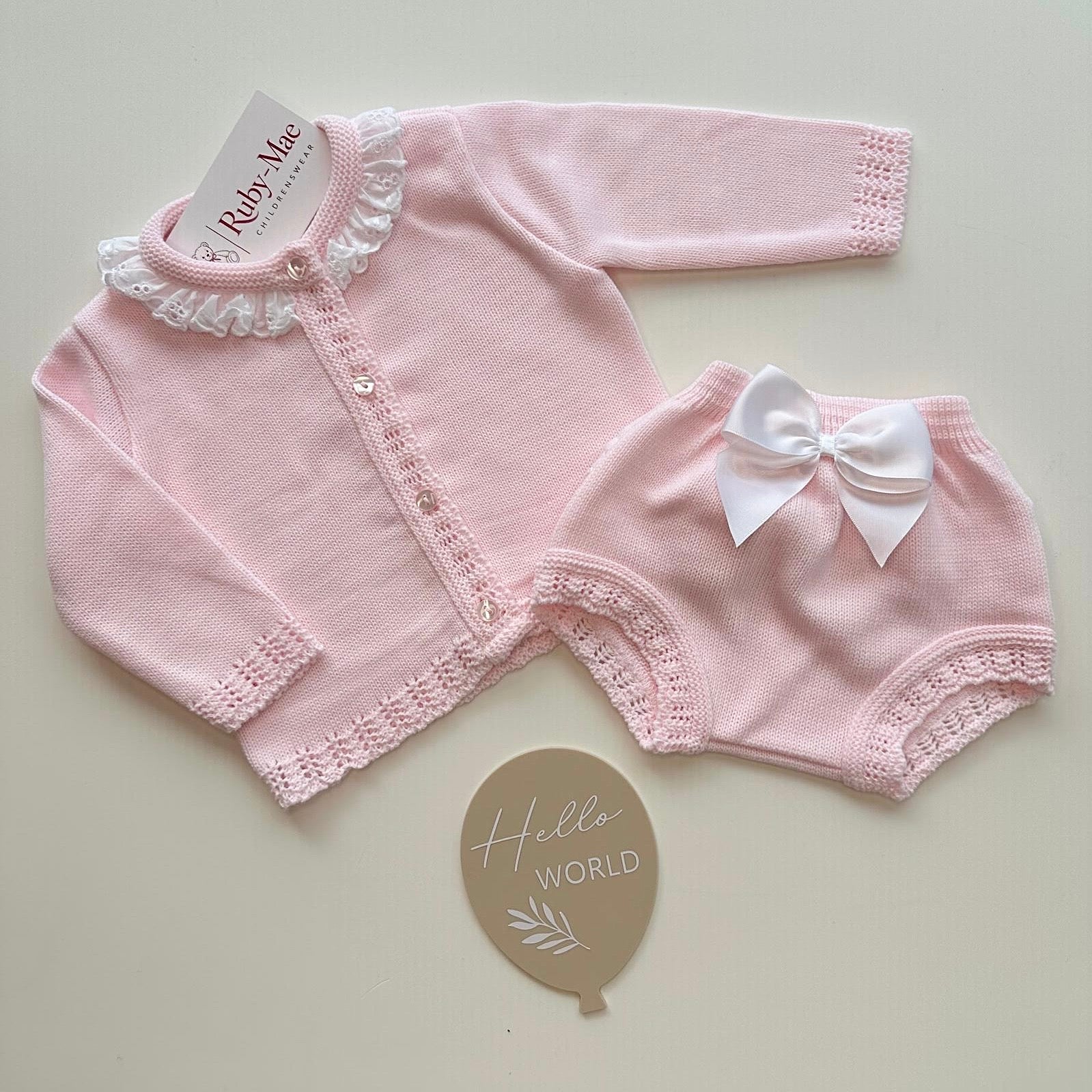 
                  
                    Baby Girls Pink Knitted Cardigan & Satin Bow Knickers Set - Penelope
                  
                