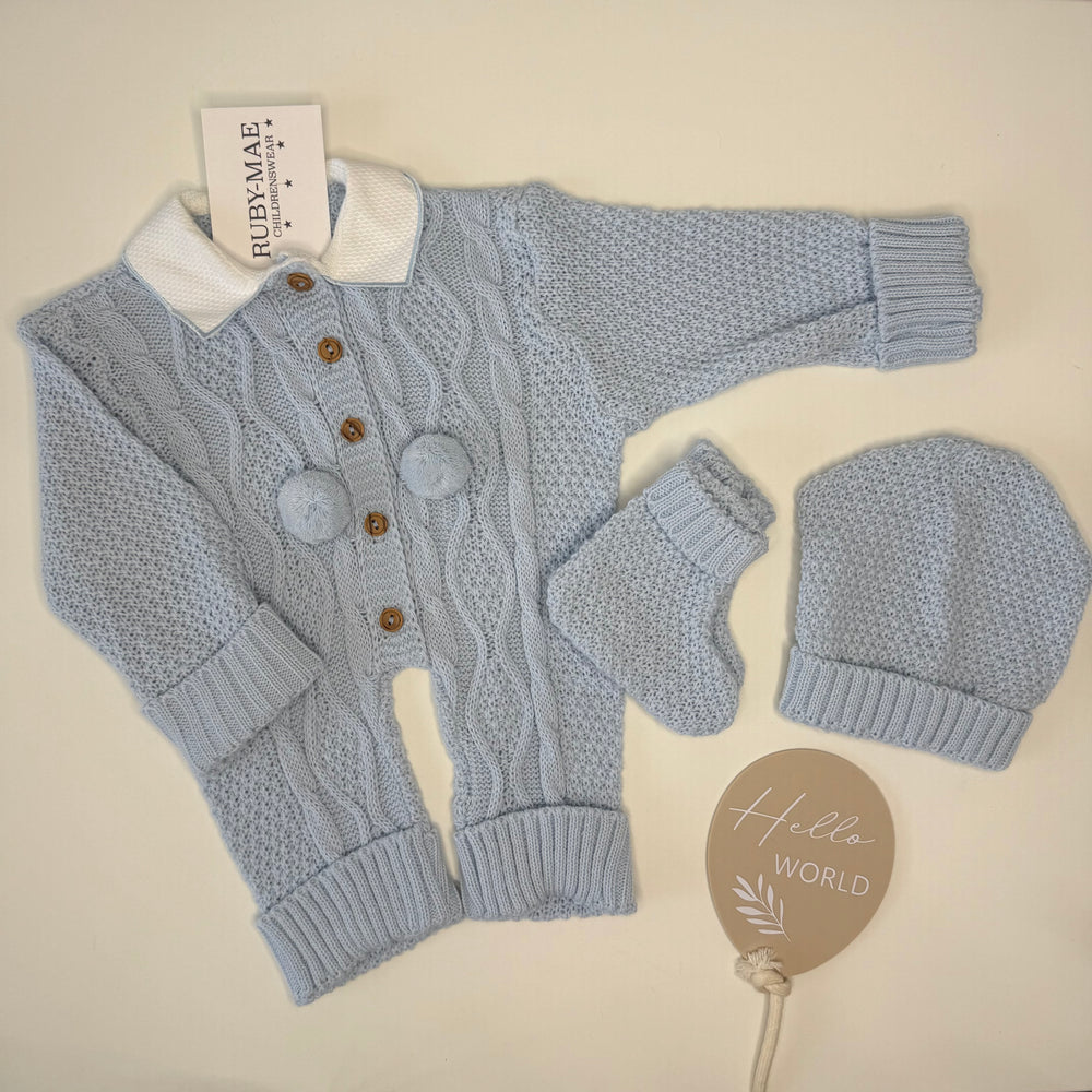 Blue Knitted All In One With Matching Hat & Booties - Archie