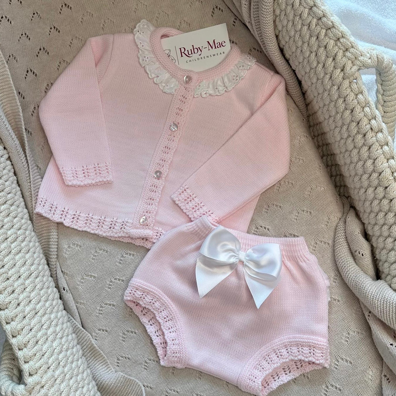 
                  
                    Baby Girls Pink Knitted Cardigan & Satin Bow Knickers Set - Penelope
                  
                
