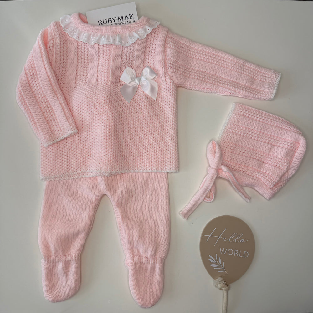 Baby Pink With White Bow Knit Jumper & Pants Outfit With Matching Hat - Jazmine