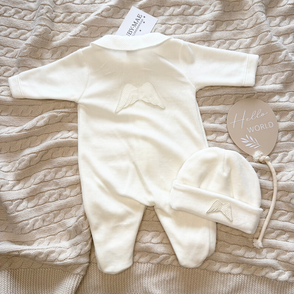 Cream Angel Wing Velour Babygrow With Matching Hat - UNISEX