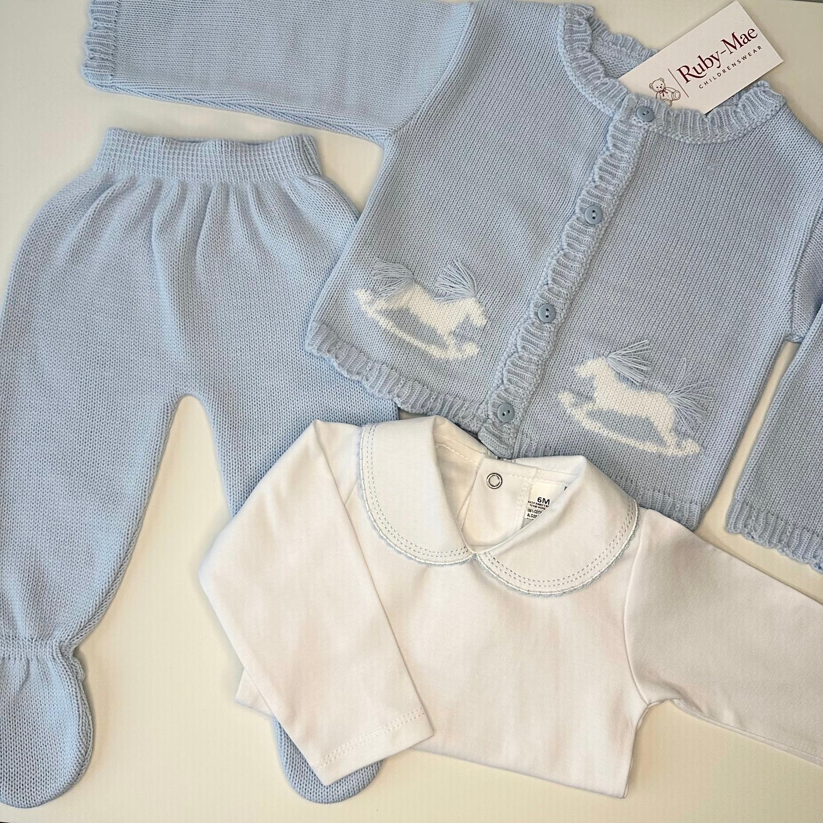 
                  
                    Baby Blue Rocking Horse Knitted 3 Piece Outfit Set - Robbie
                  
                