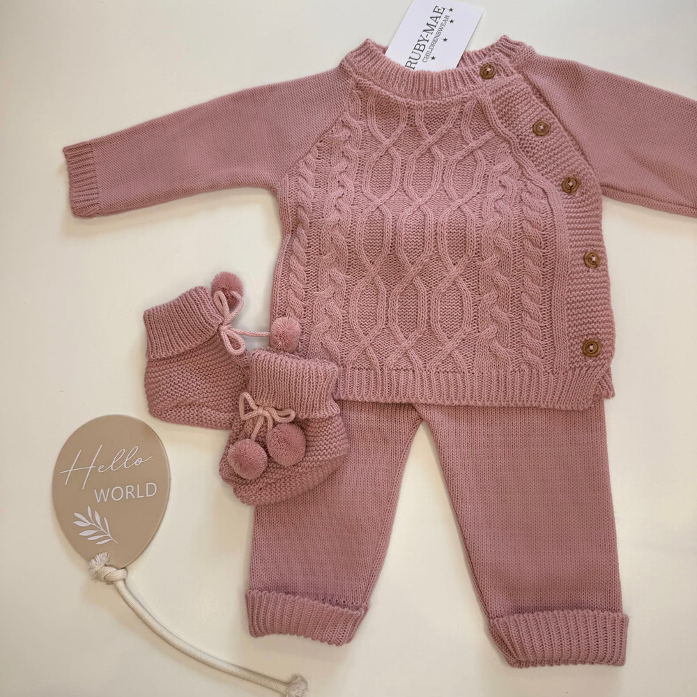Dusky Pink Diamond Knitted Jumper & Pants Outfit With Matching Booties - Callie