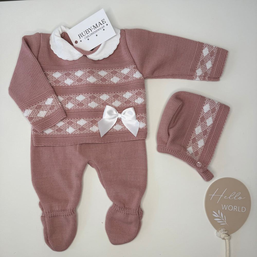Dusky Pink & White Check Knitted Jumper & Pants Outfit With Matching Hat