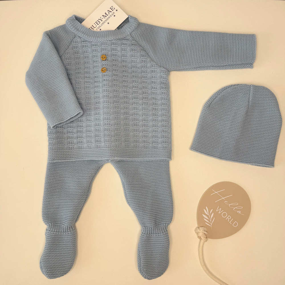 Light Blue Knitted Jumper & Pants Outfit With Matching Hat - Jake