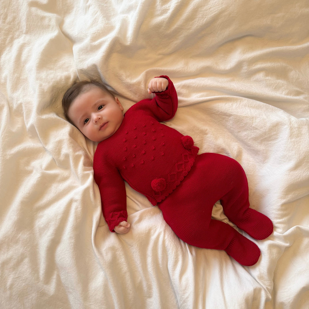 Red Pom Pom Knitted Jumper And Pants Outfit With Matching Hat