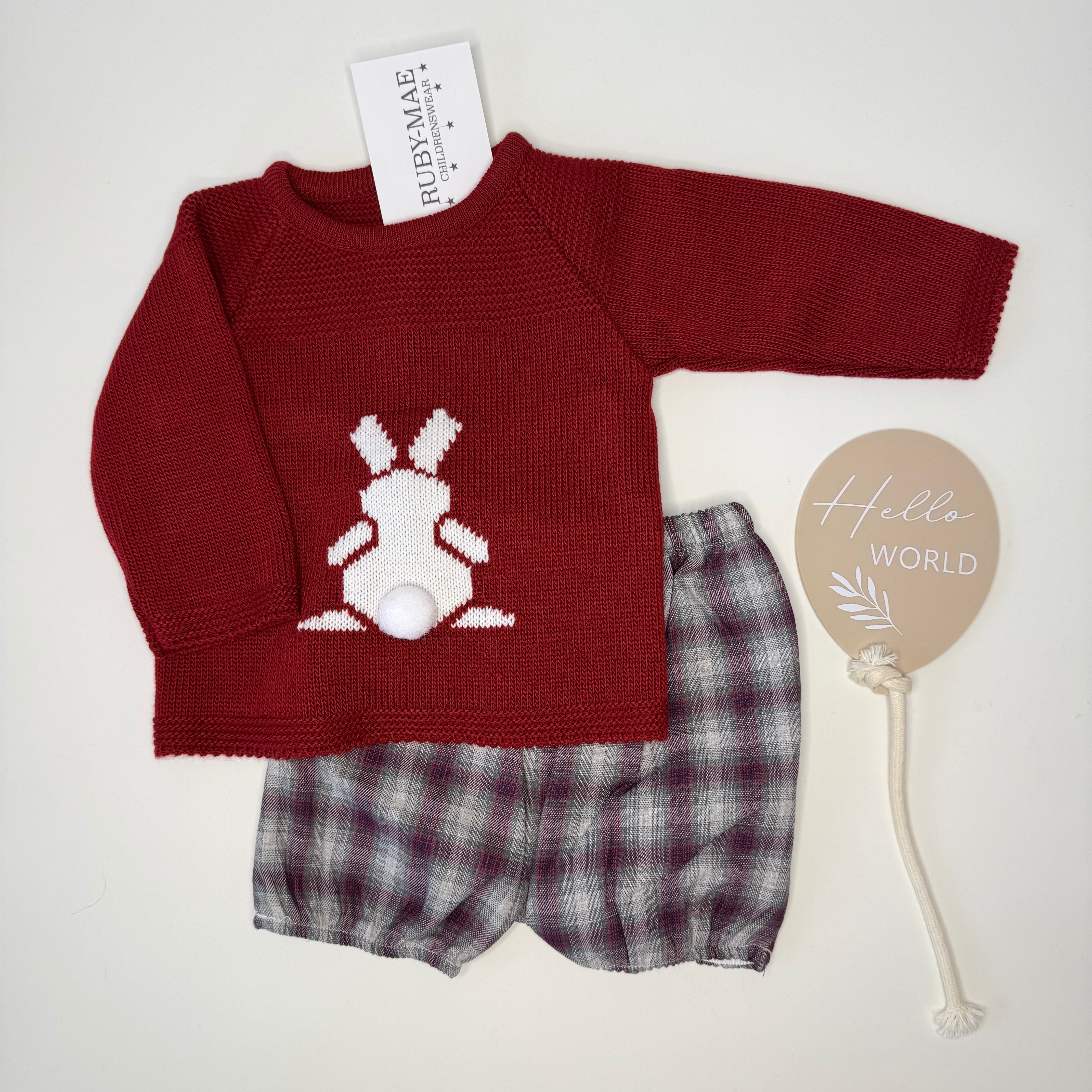 Burgundy Knitted Bunny Jumper & Matching Check Shorts - Kyle