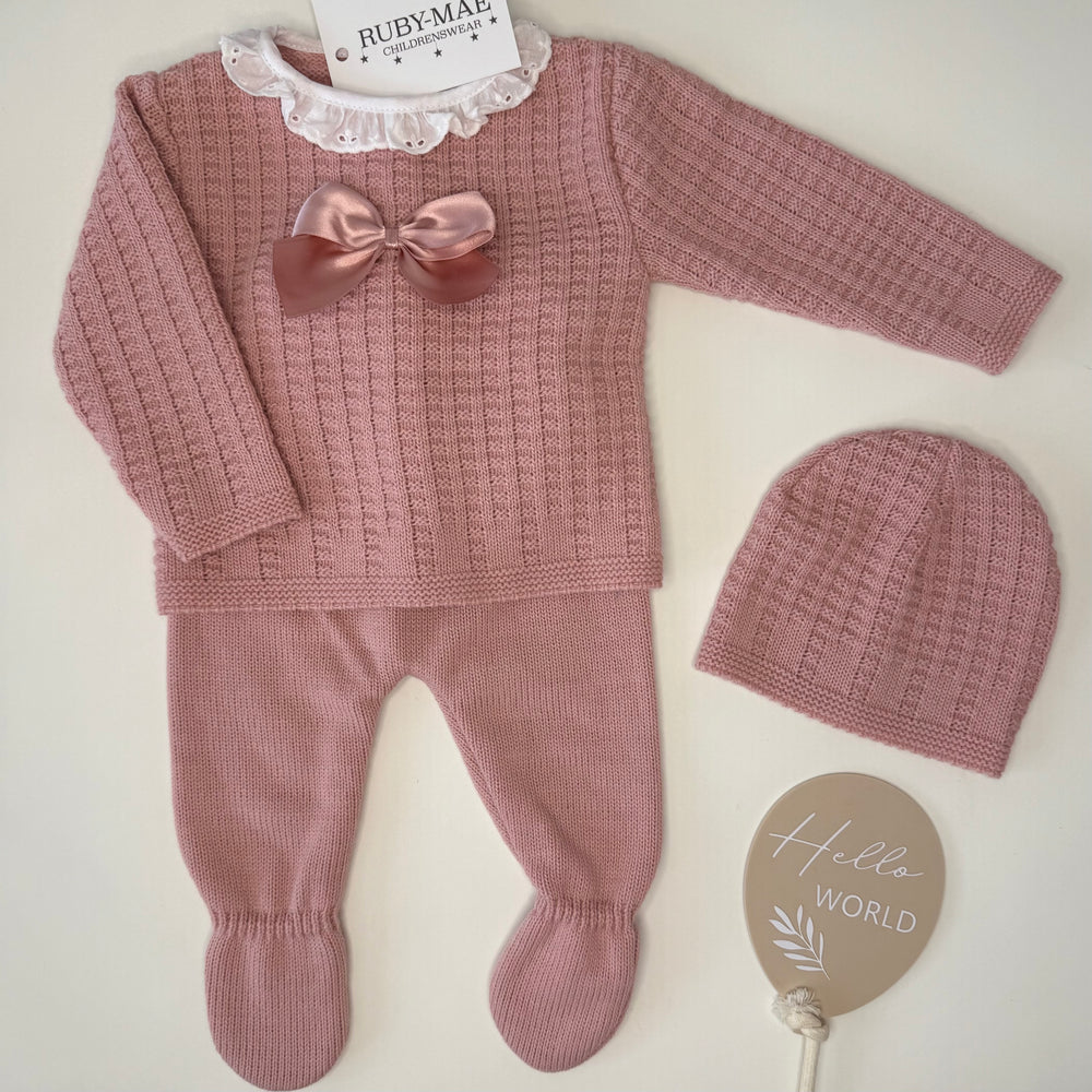 Dusky Pink Bow Frill Neck Knit Jumper & Pants Outfit With Matching Hat - Jessica