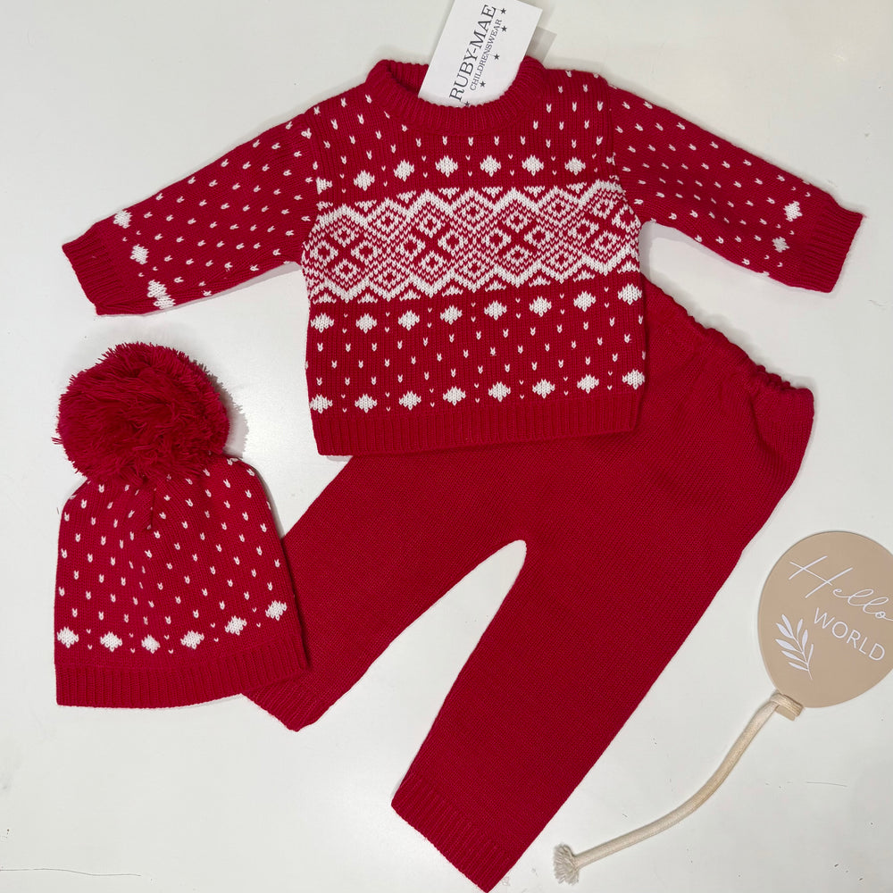 Red Diamond Knitted Christmas Jumper With Matching Pants & Hat - UNISEX