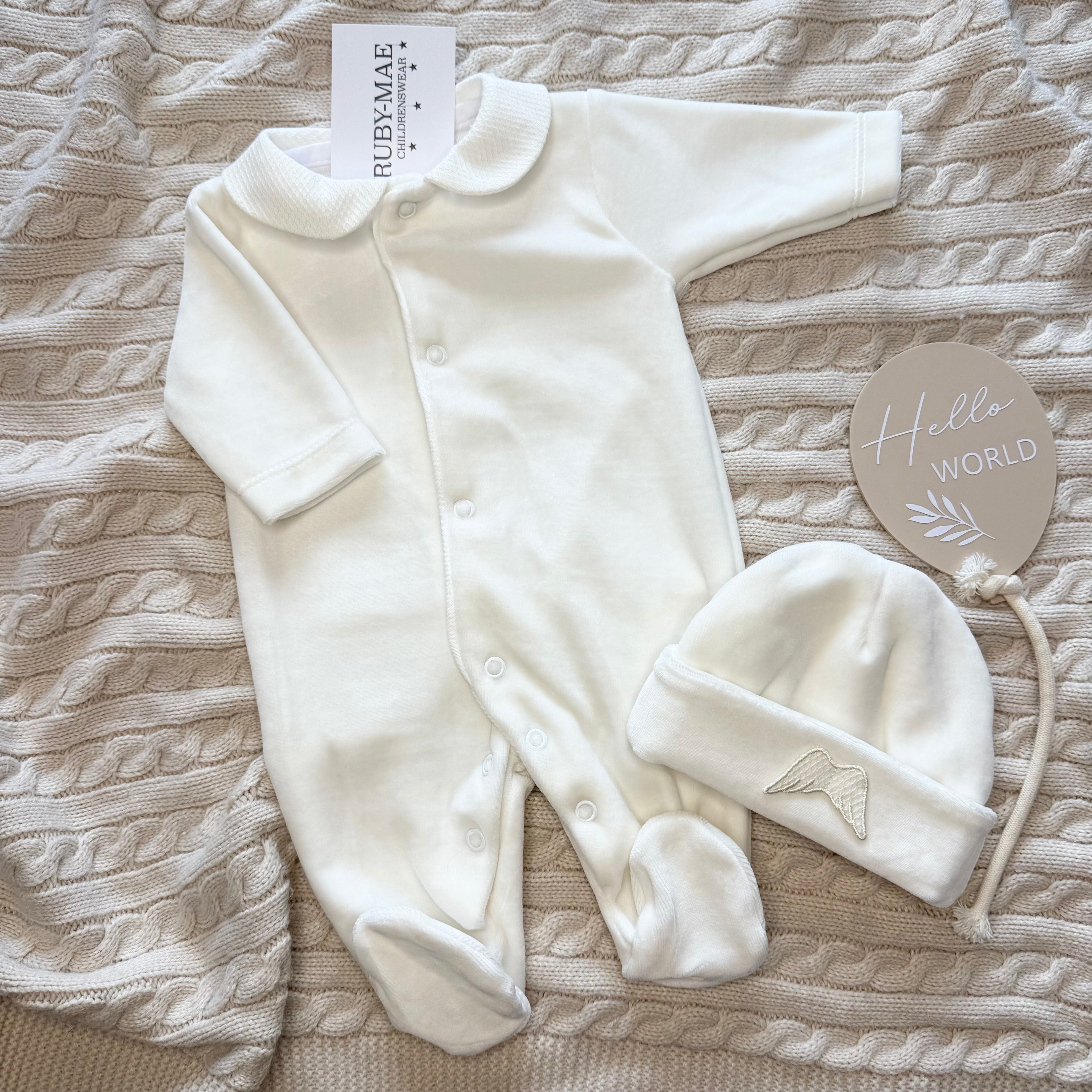 
                  
                    Cream Angel Wing Velour Babygrow With Matching Hat - UNISEX
                  
                