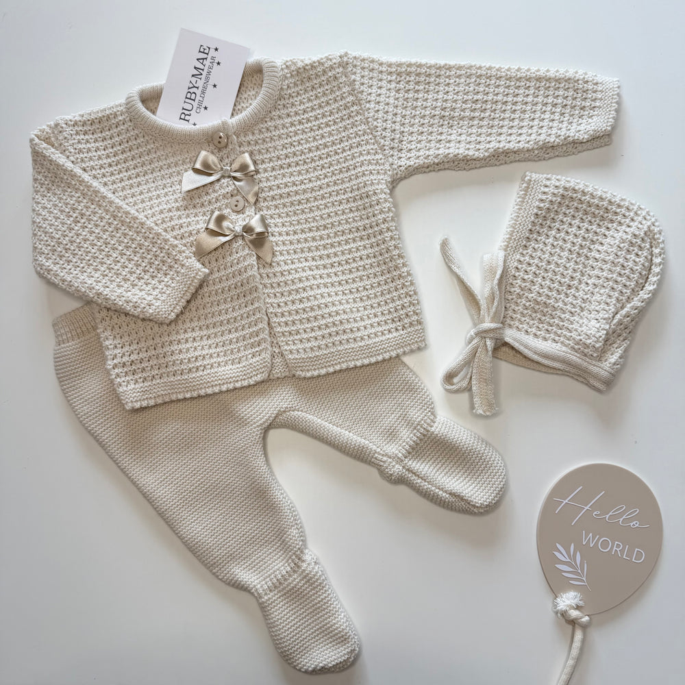 Camel Knitted Cardigan & Pants Outfit With Matching Hat - Felicity