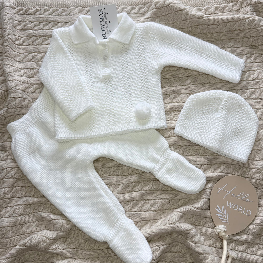 White With Pom Pom Jumper & Pants Outfit & Matching Hat - Arthur