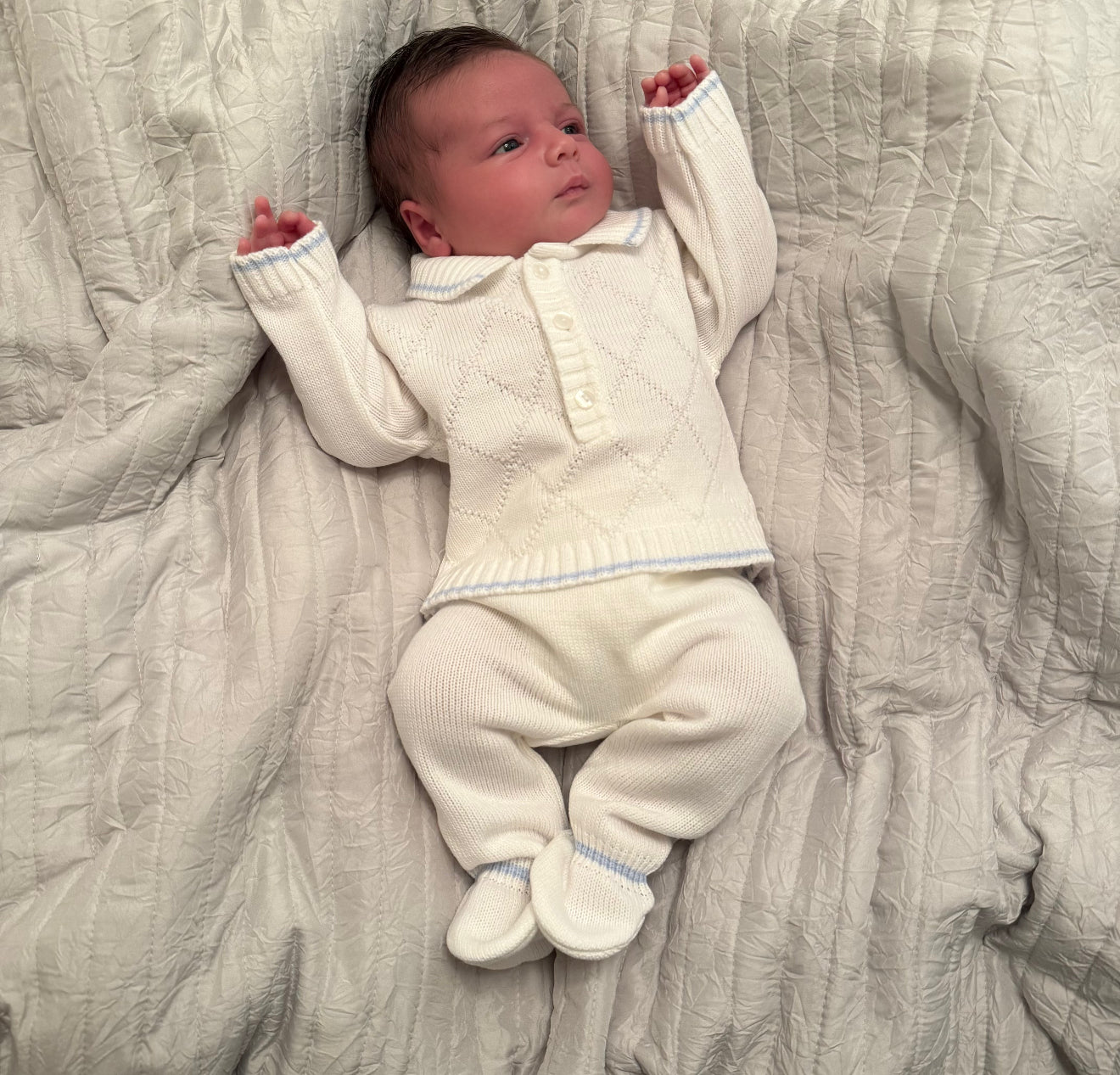 
                  
                    White With Blue Knitted Jumper & Pants Outfit - Mason
                  
                