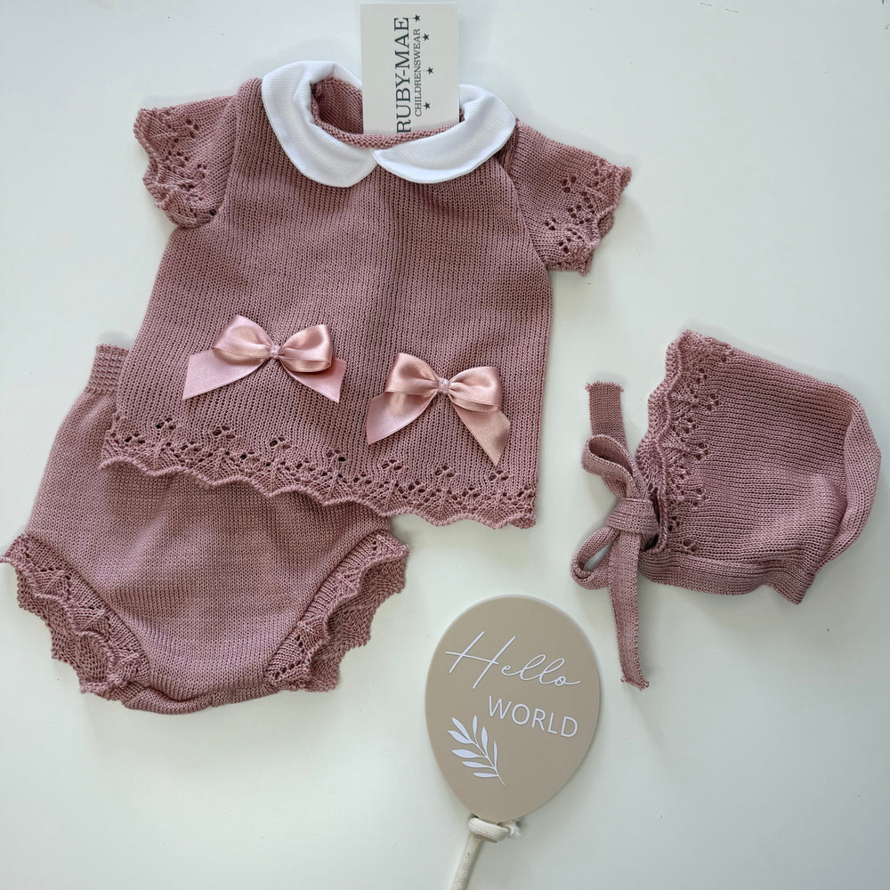 Dusky Pink With Double Bow Knitted Top & Bloomers Outfit With Matching Hat - Tasha