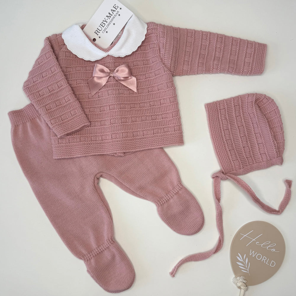 Dusky Pink Bow Knit Jumper & Pants Outfit With Matching Hat - Christina