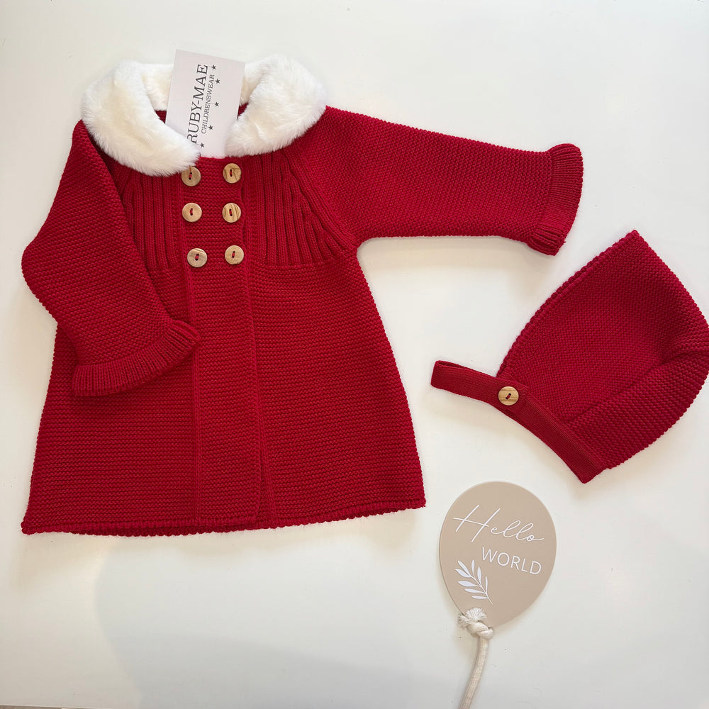 Red Knitted Faux Fur Coat With Matching Hat - Rebecca