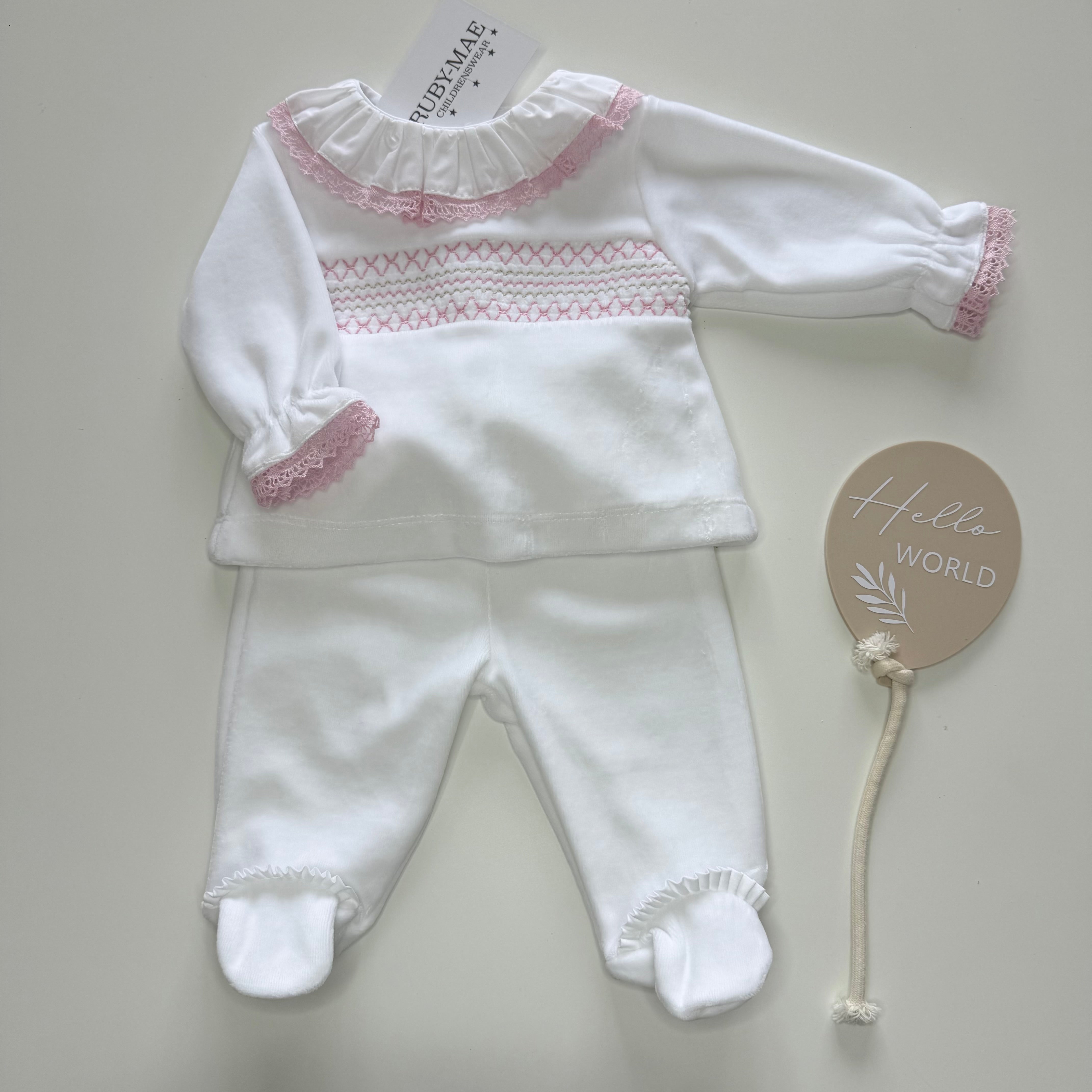 
                  
                    White With Pink Smock Velour Jumper & Pants Outfit - Freya
                  
                