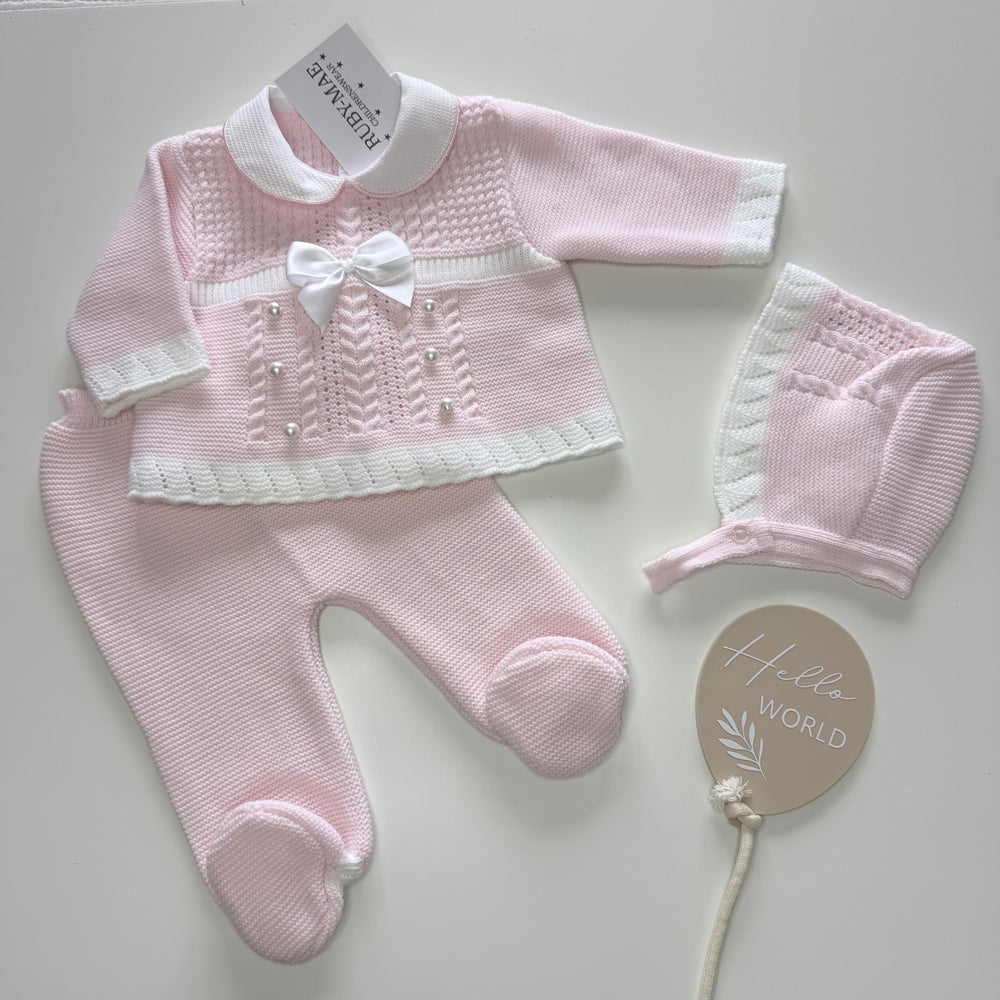 Baby Pink Pearl Knitted Jumper And Pants Outfit - Anabelle