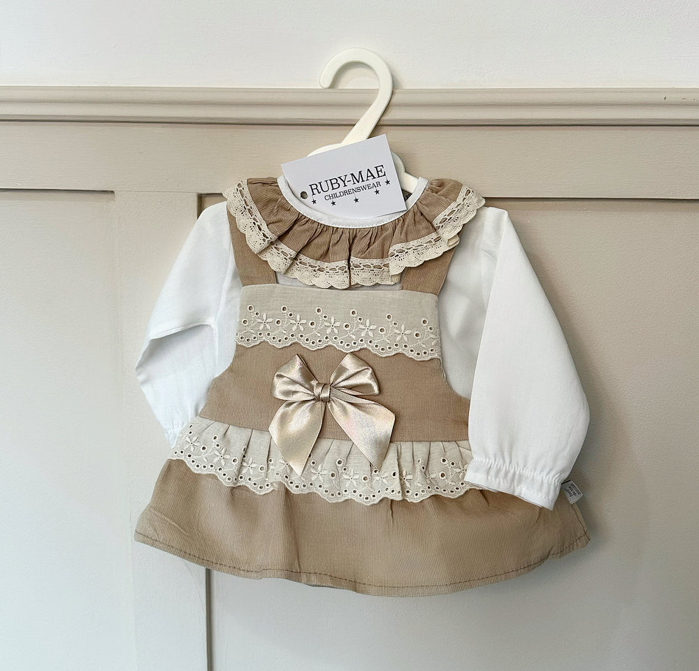 White Blouse With Matching Camel Pinafore Dress - Isla