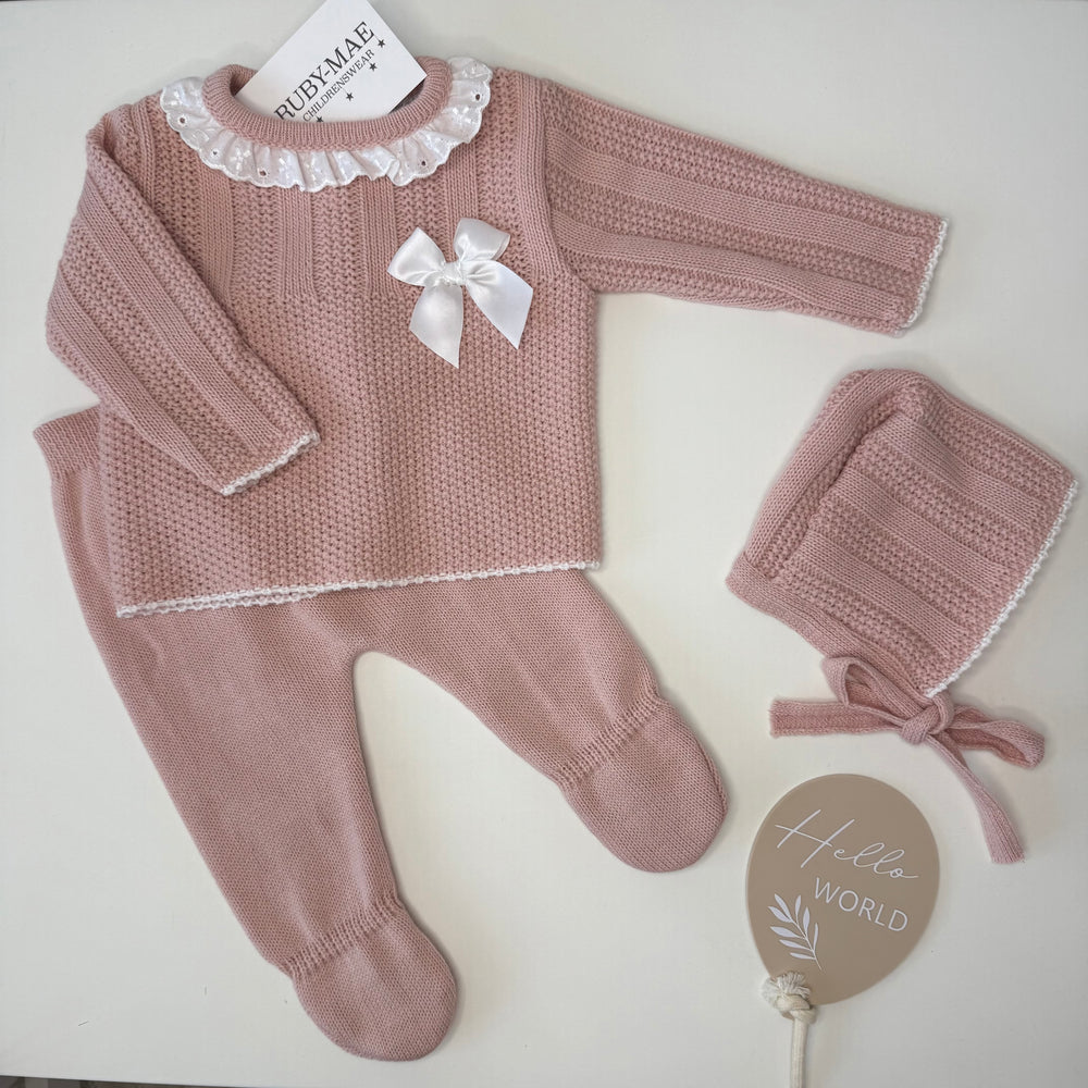 Dusky Pink With White Bow Knit Jumper & Pants Outfit With Matching Hat - Jazmine
