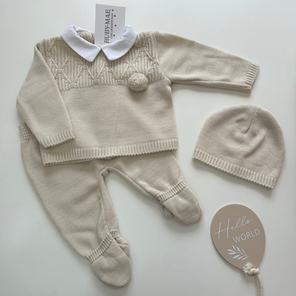Beige Pom Pom Knitted Jumper & Pants Outfit - Danny