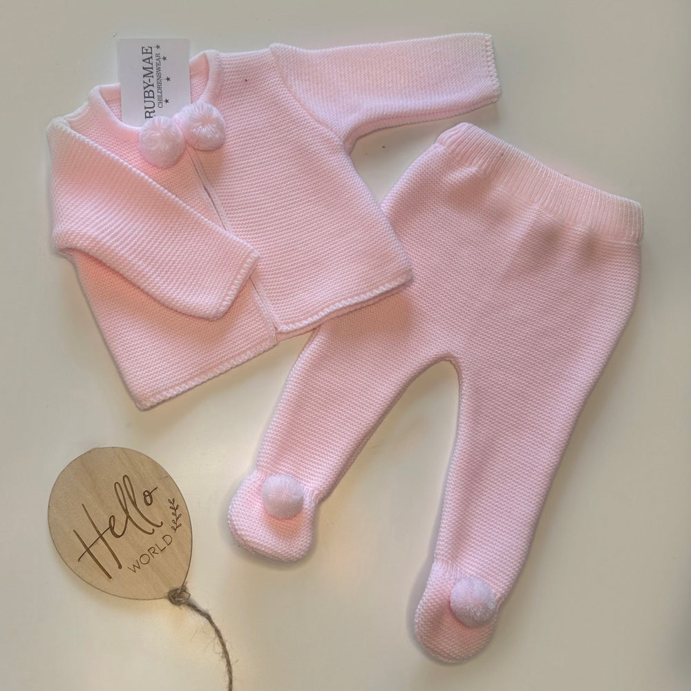 Pink Knitted Pom Pom Jacket & Pants Outfit
