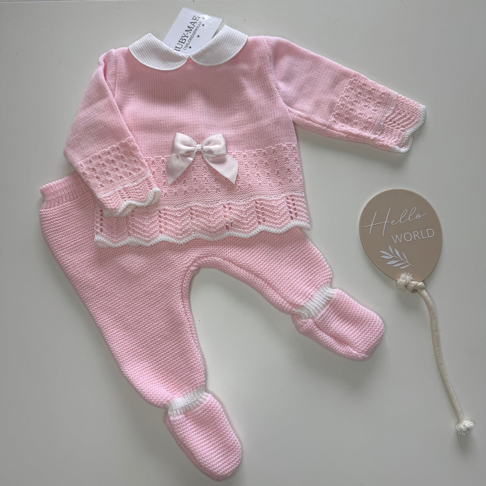 Pink Bow Knitted Jumper & Pants Outfit - Ellie