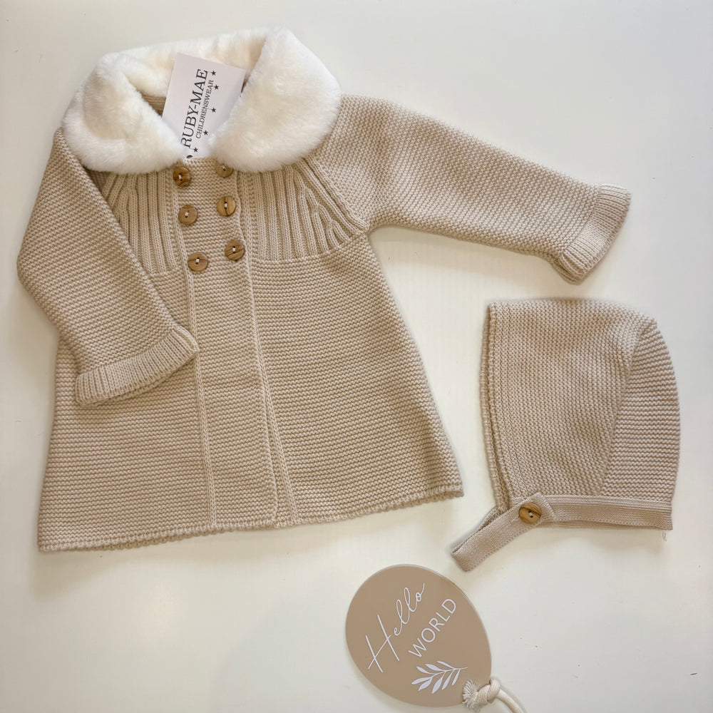 Camel Knitted Faux Fur Coat With Matching Hat - Rebecca