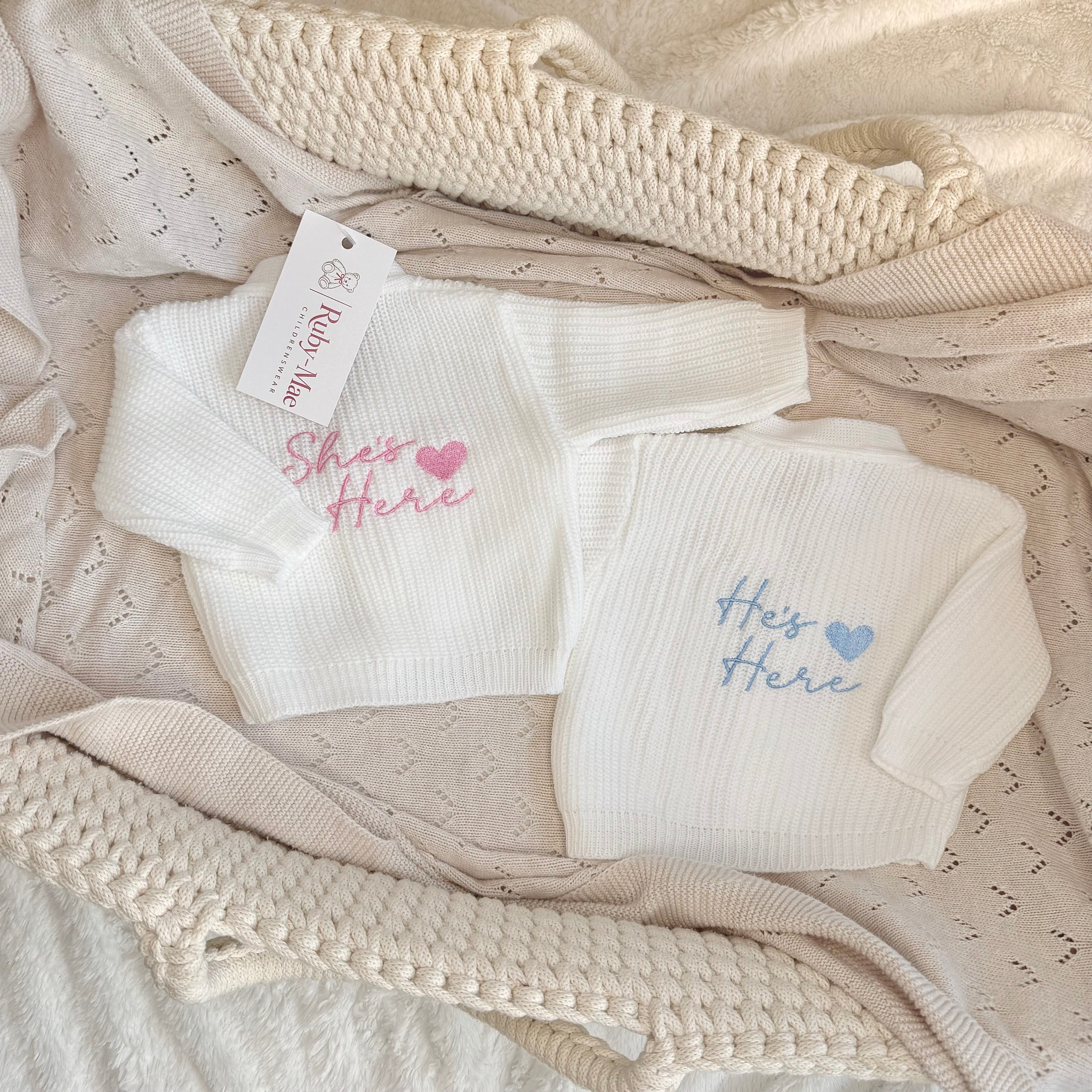 
                  
                    She’s Here Embroidered White Baby Knitted Cardigan
                  
                