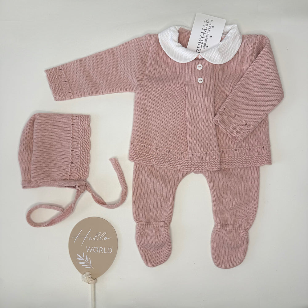 Dusky Pink Button Knit Jumper & Pants Outfit With Matching Hat - Imogen