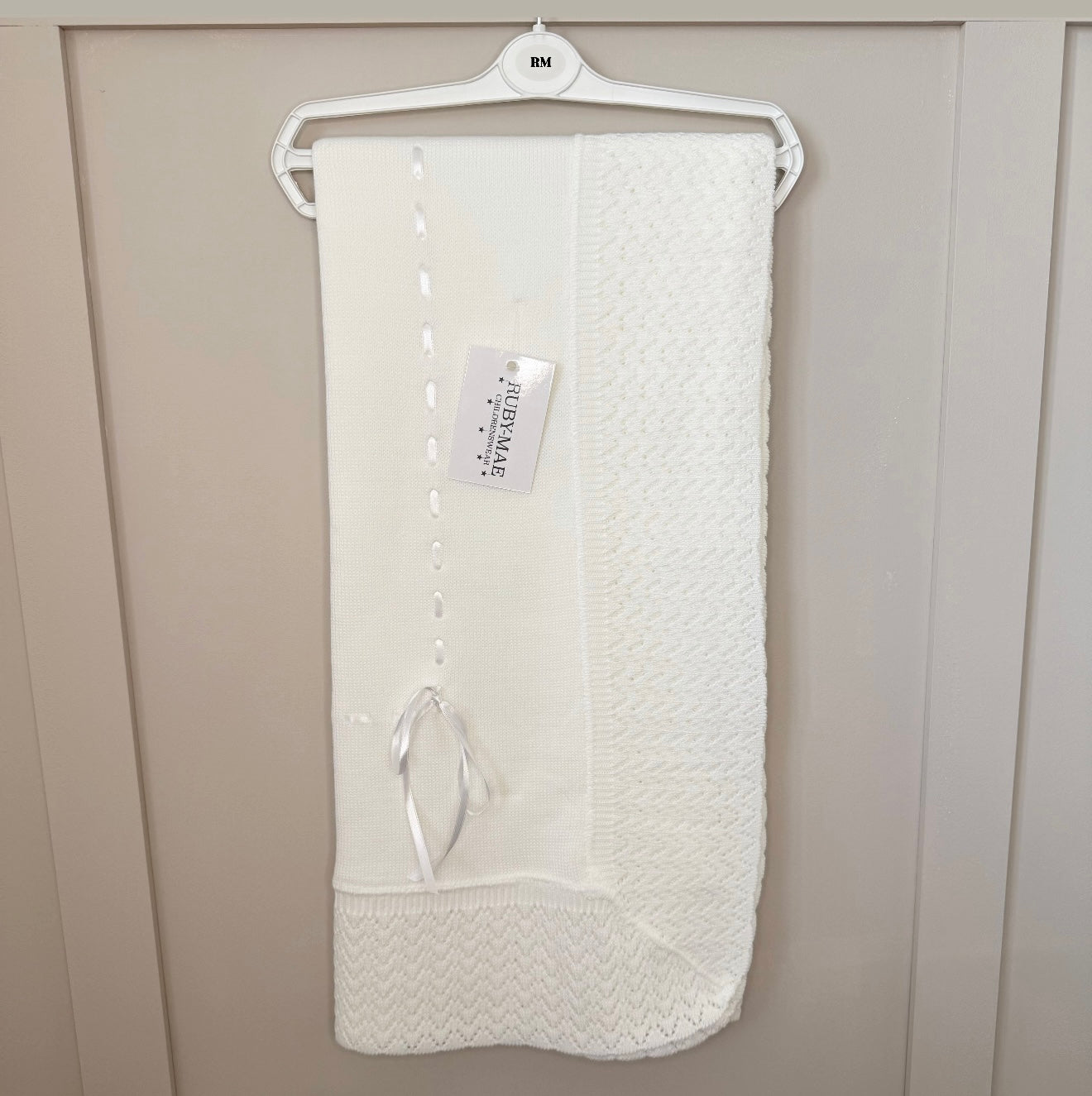 White Bow Knitted Baby Blanket