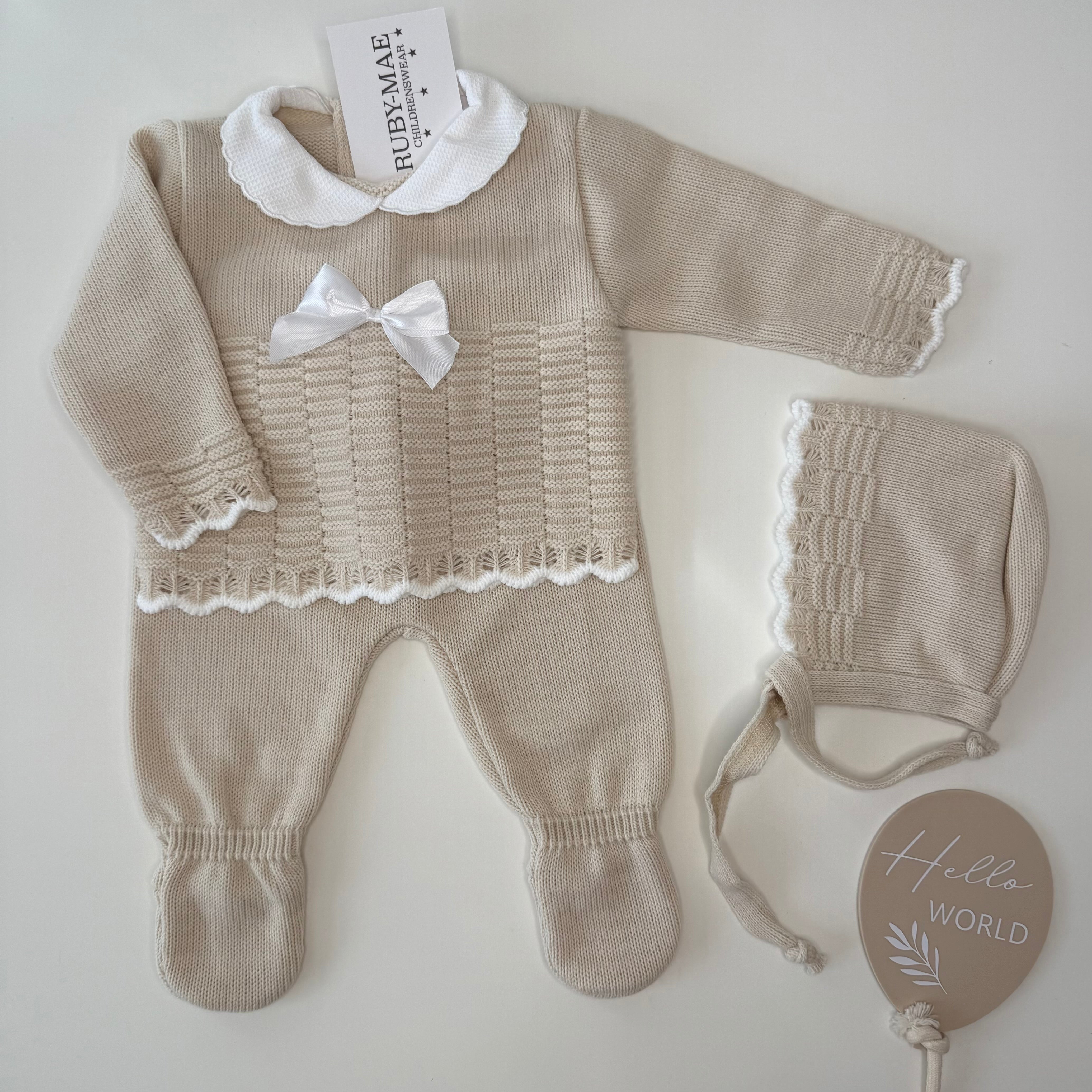 Beige Bow Knit Jumper & Pants Outfit With Matching Hat - Shelly