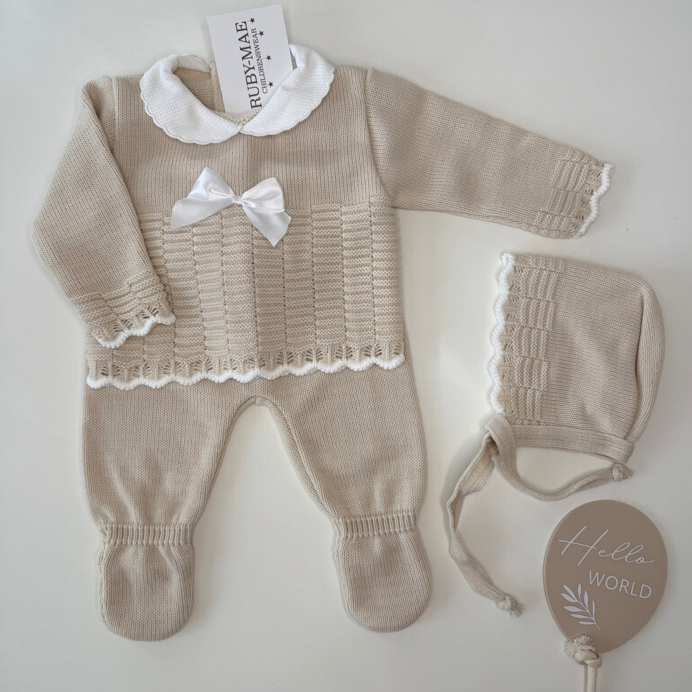 Beige Bow Knit Jumper & Pants Outfit With Matching Hat - Shelly